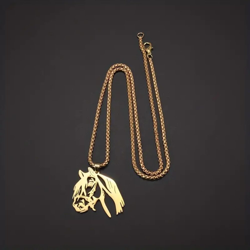 Horse Head Stainless Steel Pendant Necklace Gold Finish - Picture 4 of 5